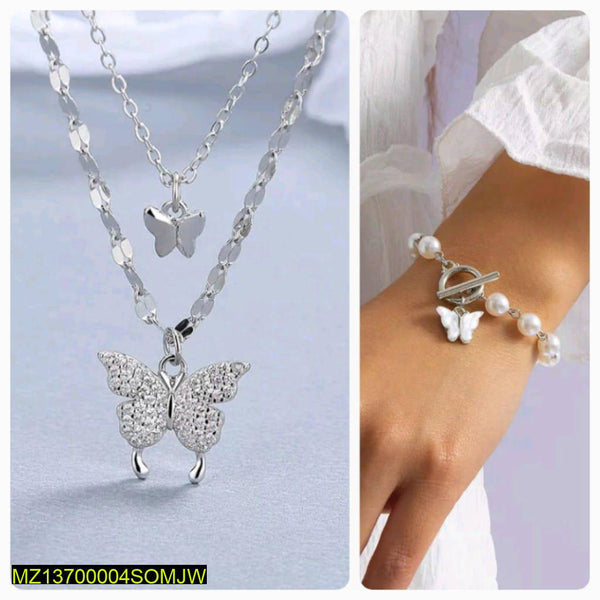 2 Pcs Alloy Silver Plated Butterfly Necklace And Bracelet Set