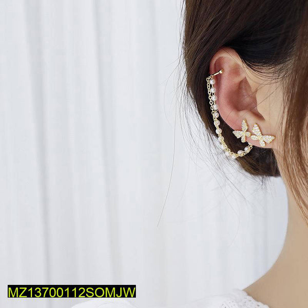 Single Ear Butterfly Metal Chain Tassel Stud Earrings