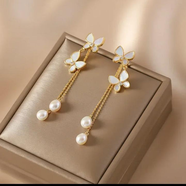 Butterfly Hanging Gold Plated Artificial Stones Earrings